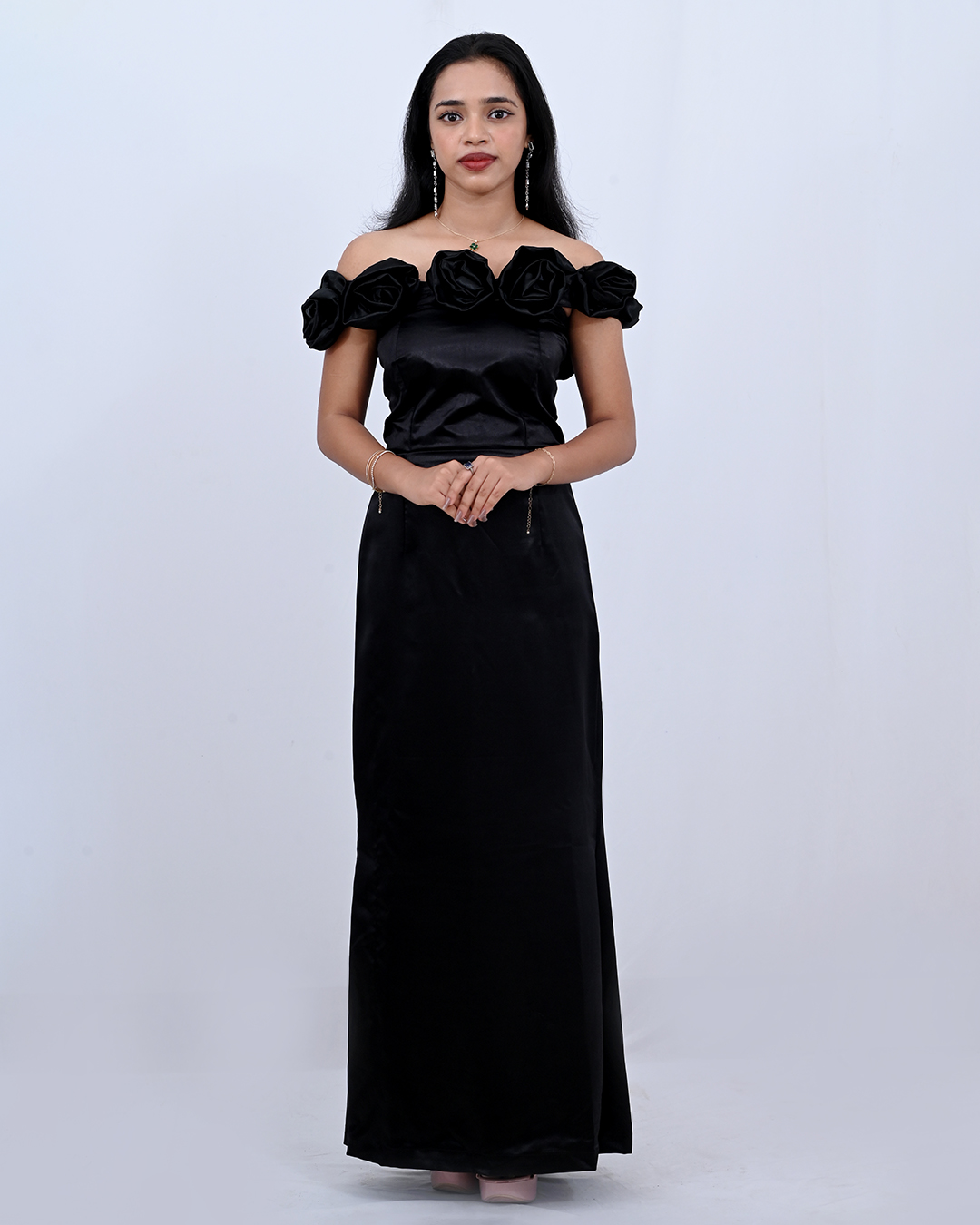 Women's Black Satin Off-Shoulder Gown  Rose Neckline