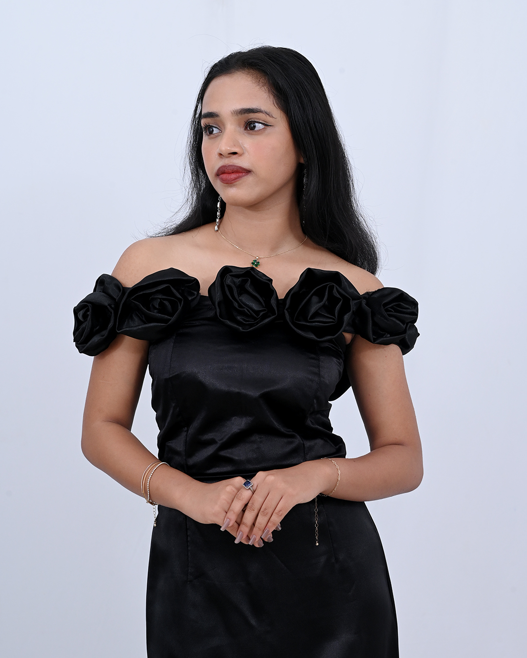 Women's Black Satin Off-Shoulder Gown  Rose Neckline