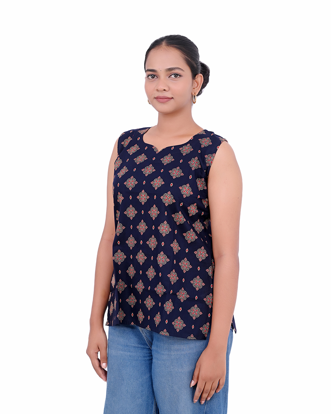 Navy Blue Printed Sleeveless Top