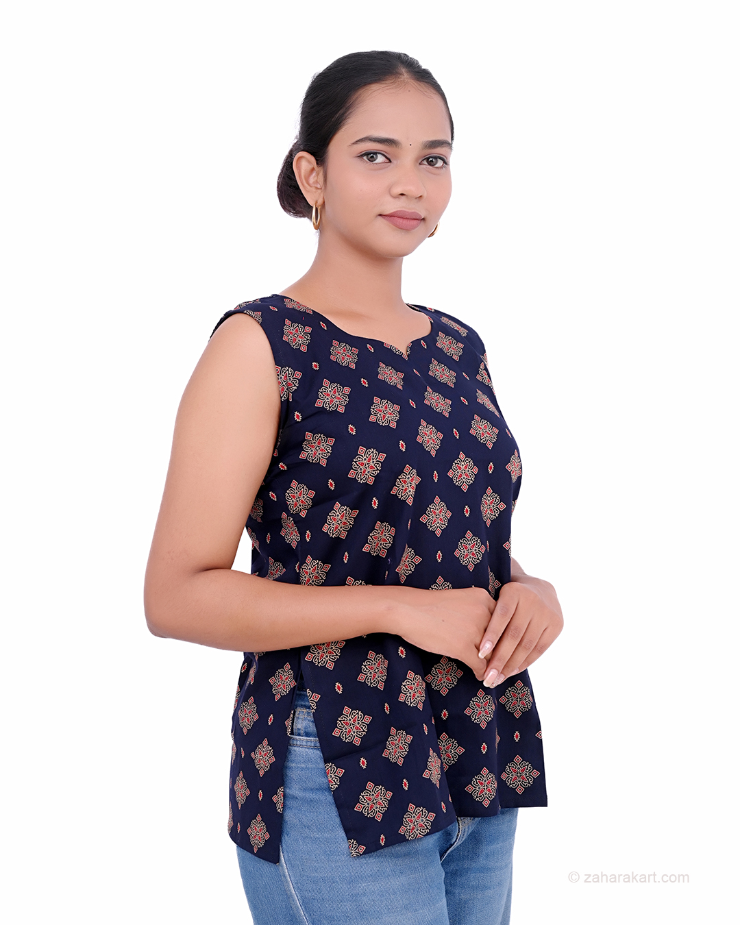 Navy Blue Printed Sleeveless Top
