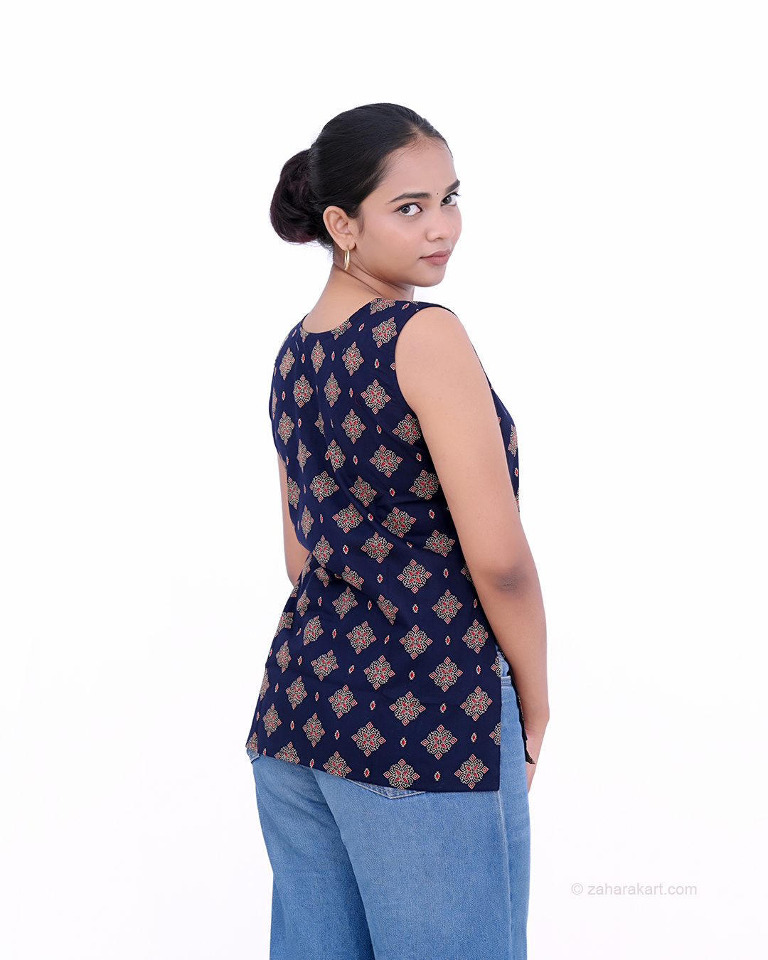 Navy Blue Printed Sleeveless Top