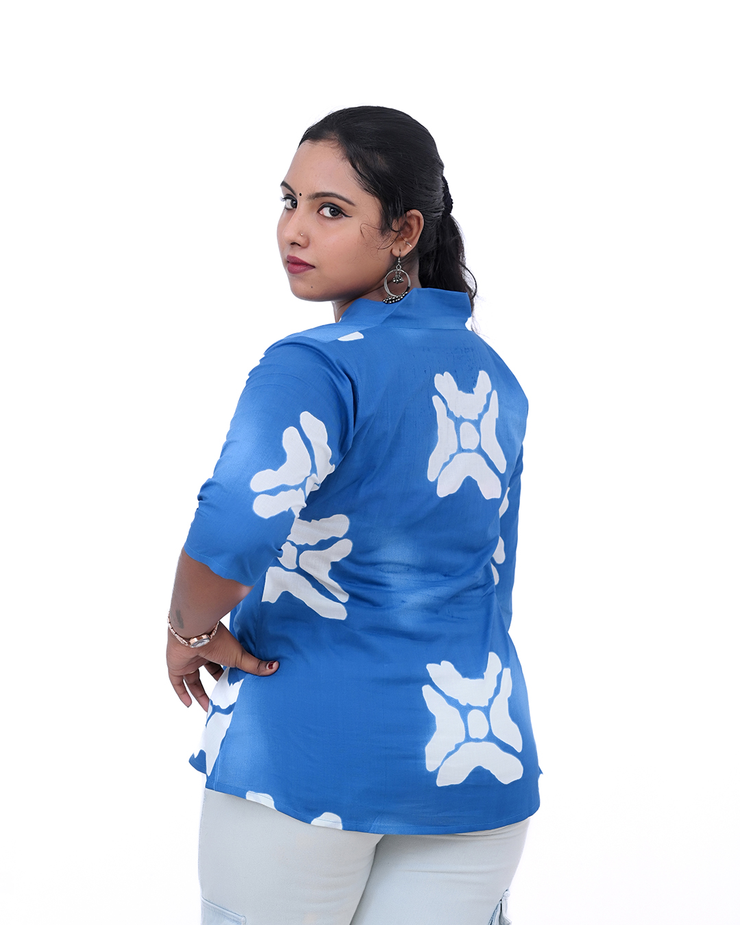 Blue and White Printed Short Kurti
