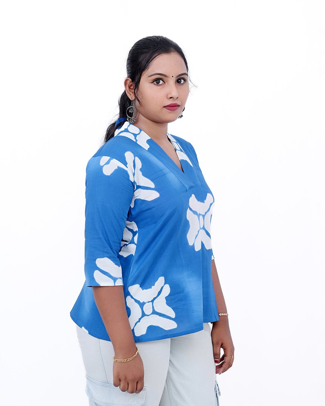 Blue and White Printed Short Kurti