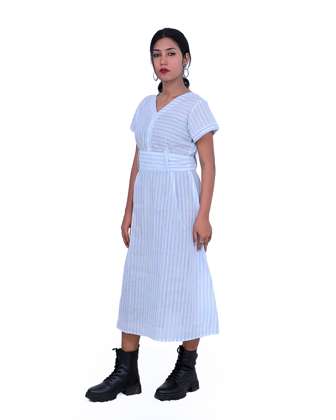 Blue and White Striped  A-Line Midi
