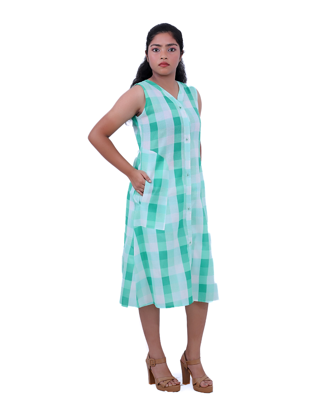 Green & White Checked Midi