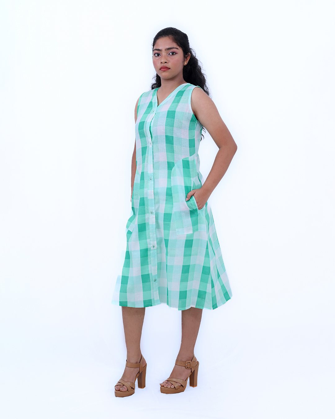 Green & White Checked Midi