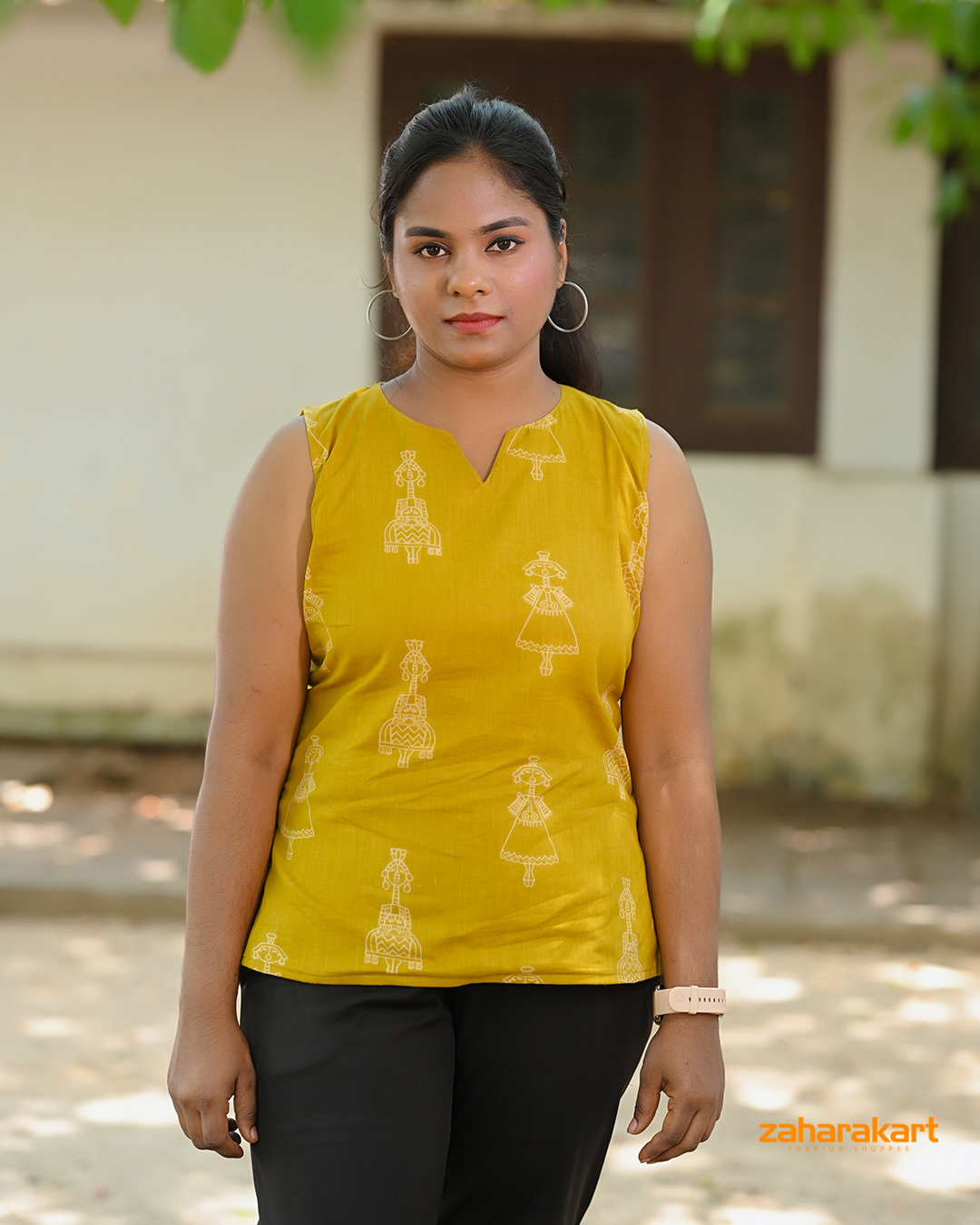 Mustard Folk Art Sleeveless Top