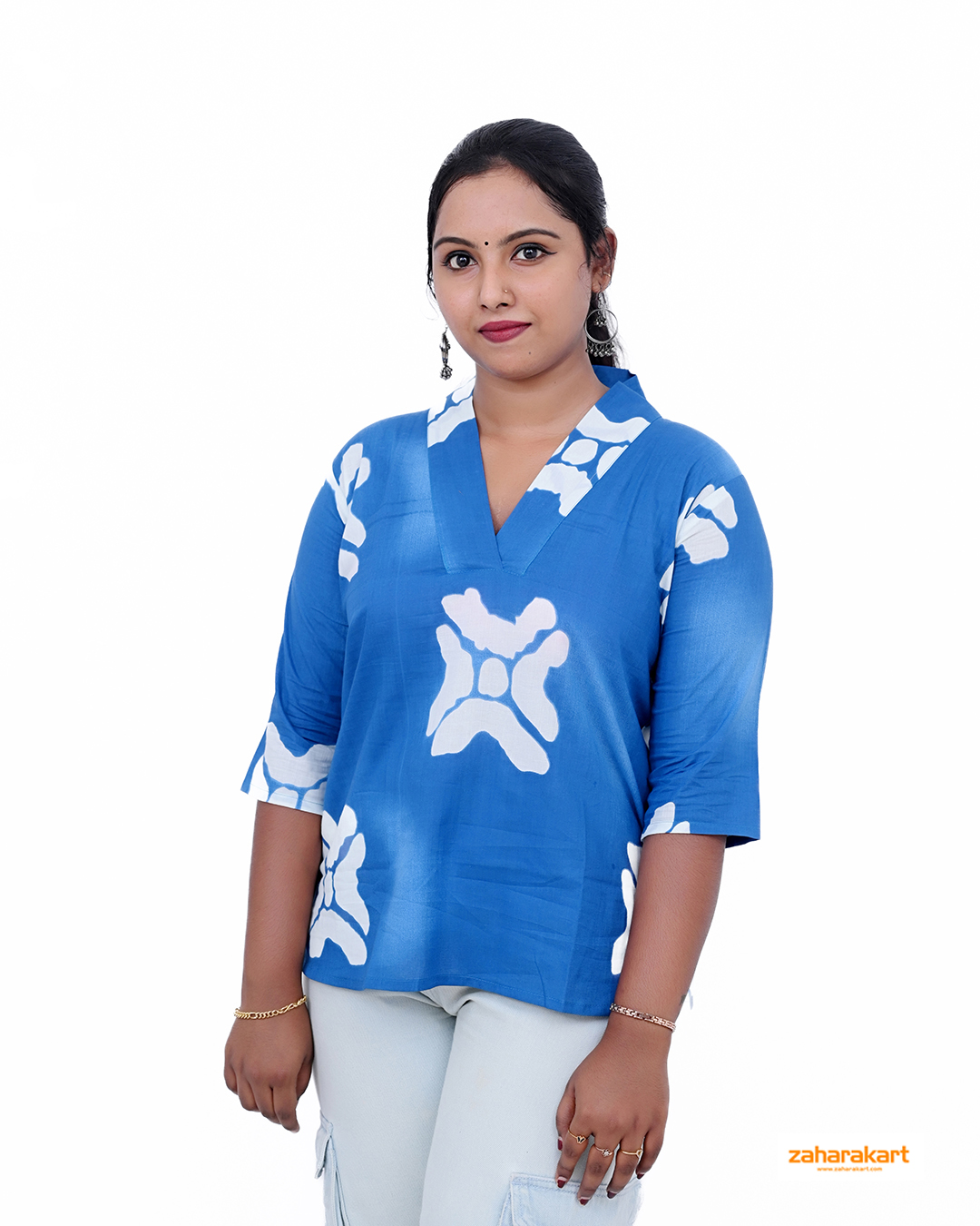 Blue and White Printed Short   Top