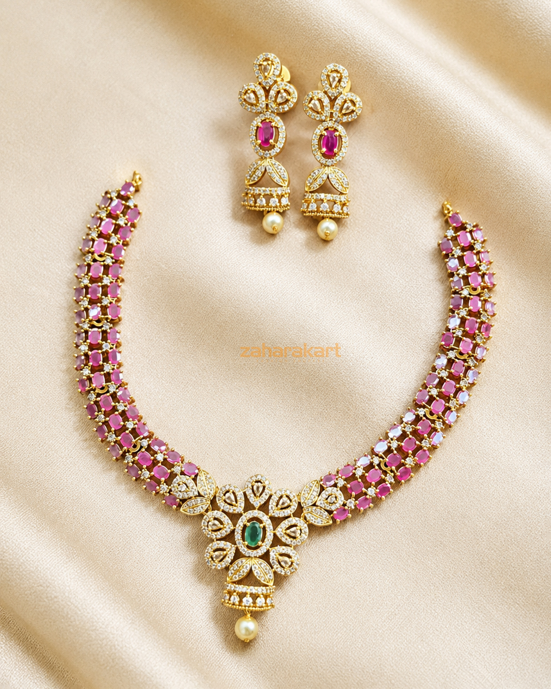 Yamini Necklace Set – Ruby Pink Stone Matte Gold Collection