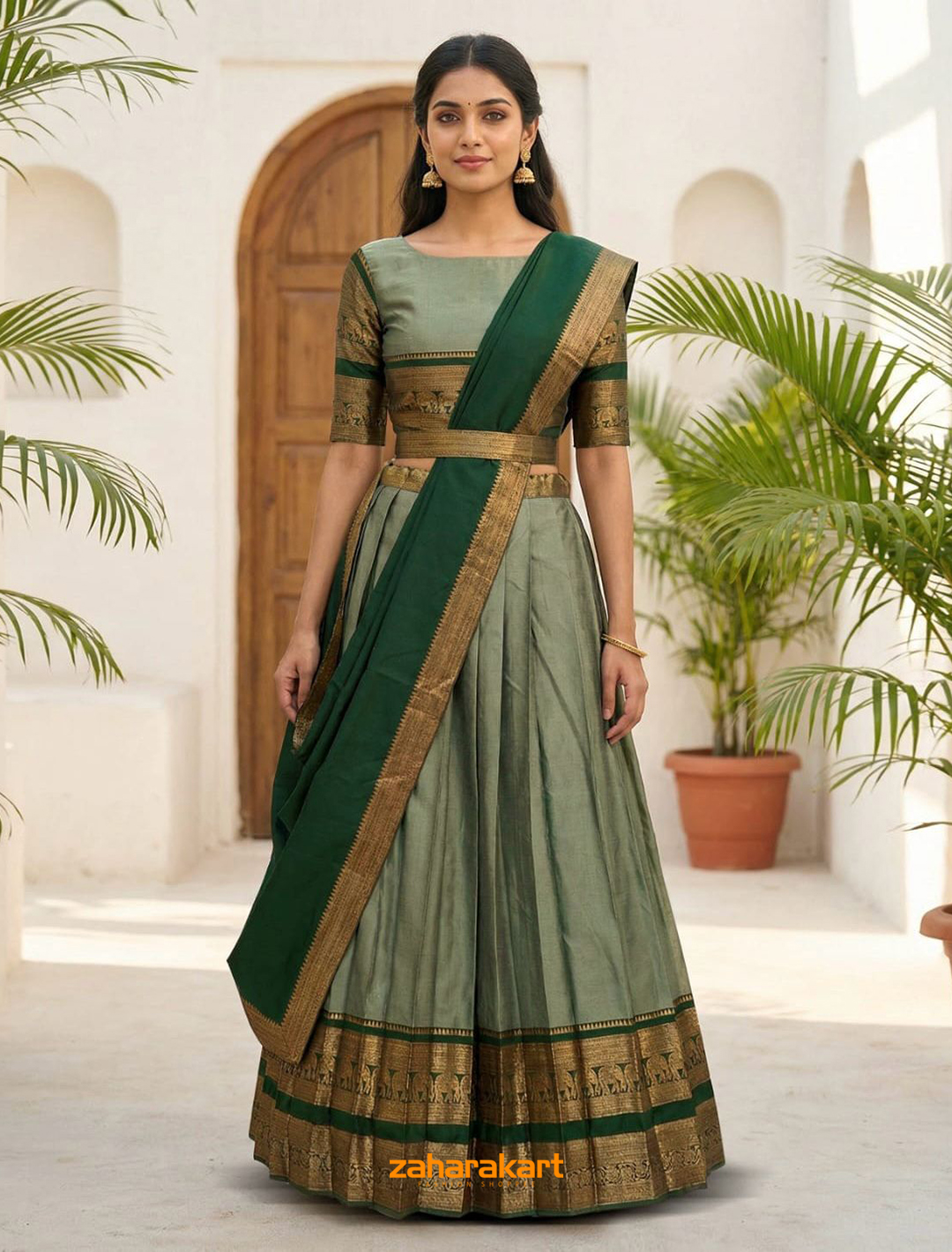 Sage Green & Emerald Green Banarasi Big Border Davani Set