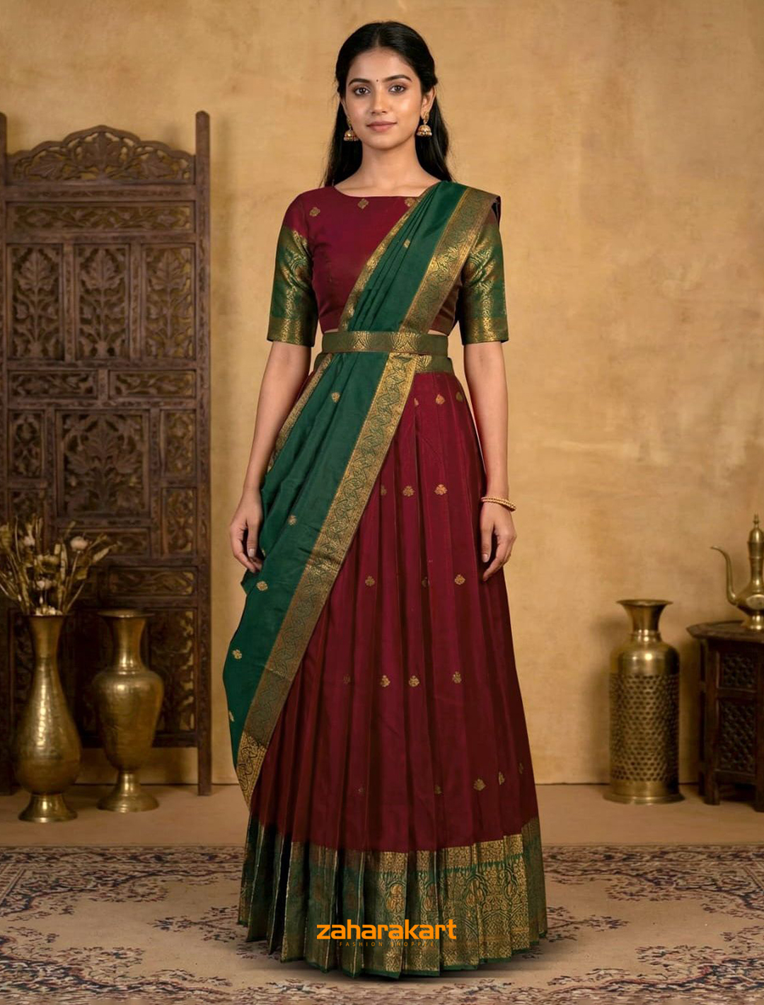 Wine Red  & Emerald Green   Banarasi Big Border Davani Set
