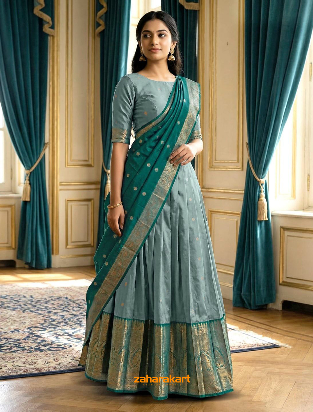Ice Blue & Peacock Teal with Zari Border Davani Set