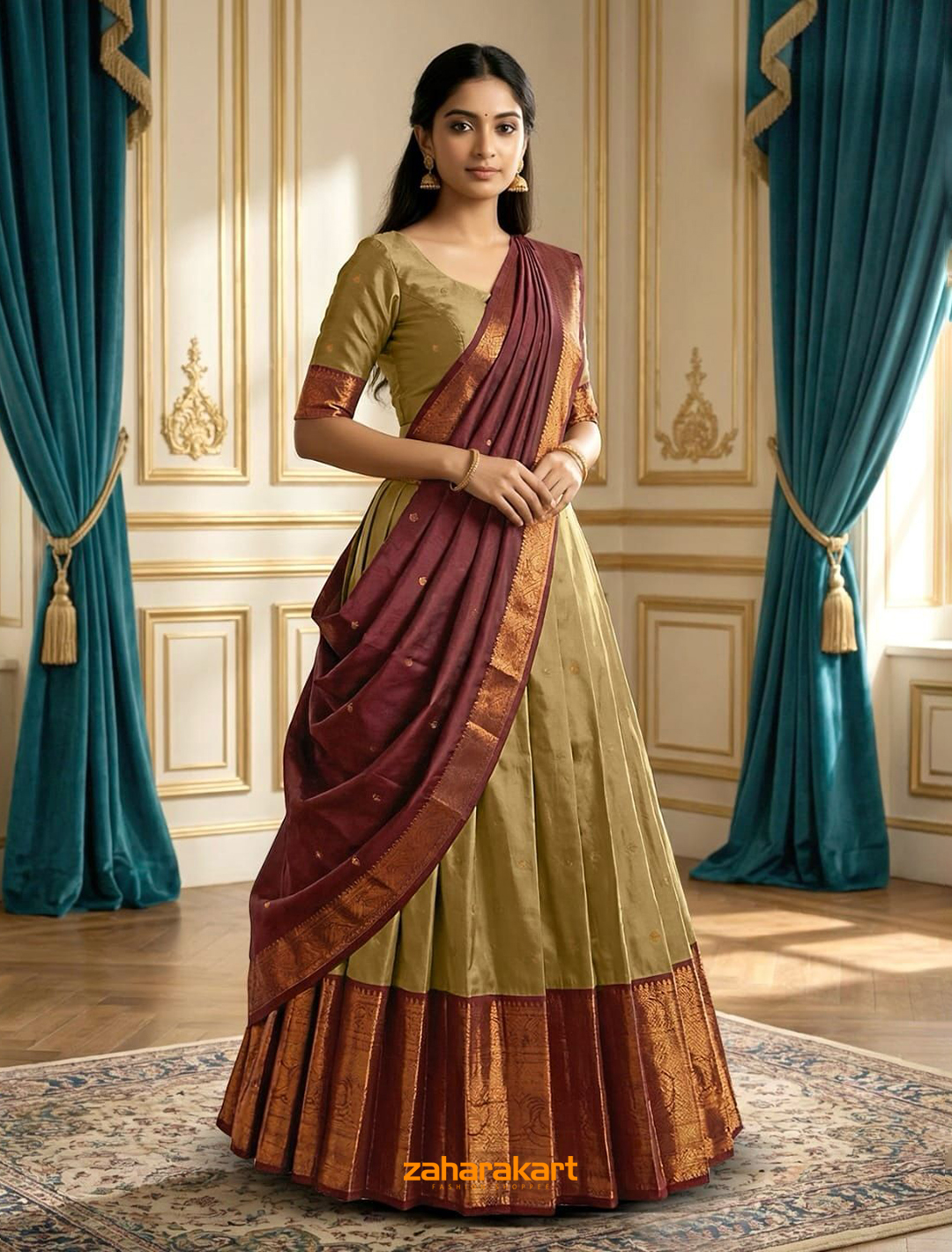 Golden Beige & Burgundy Maroon with Antique Gold Zari Border