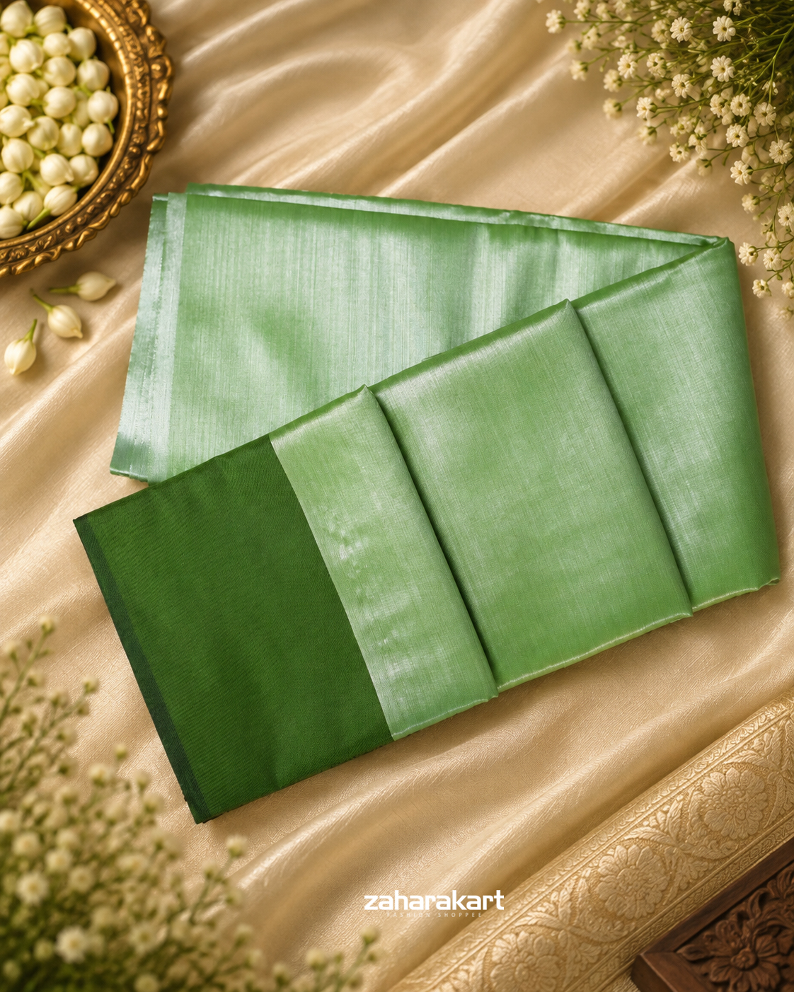 Elegant Green Tissue Saree with Rich Green Border
