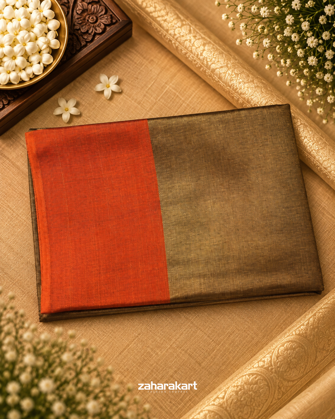 Copper Brown Tissue Saree with Burnt Orange Border