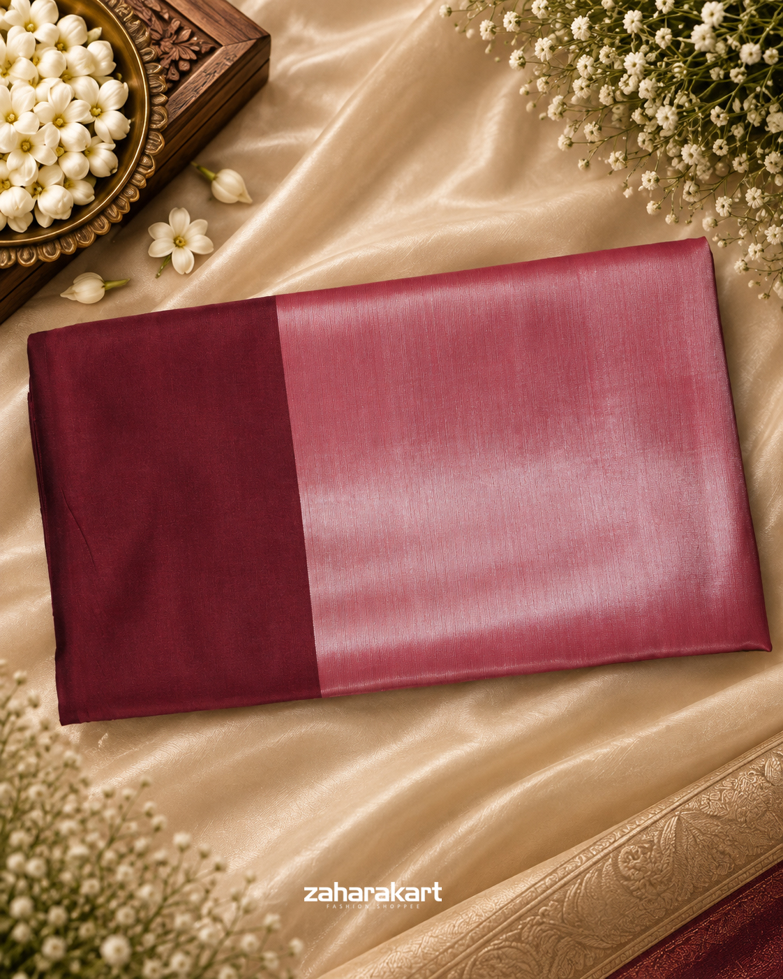 Blush Pink & Wine Tissue Saree