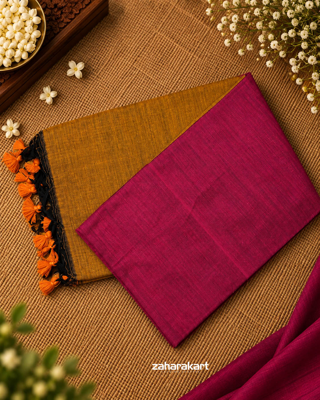 Khadi Cotton Saree - Magenta & Mustard