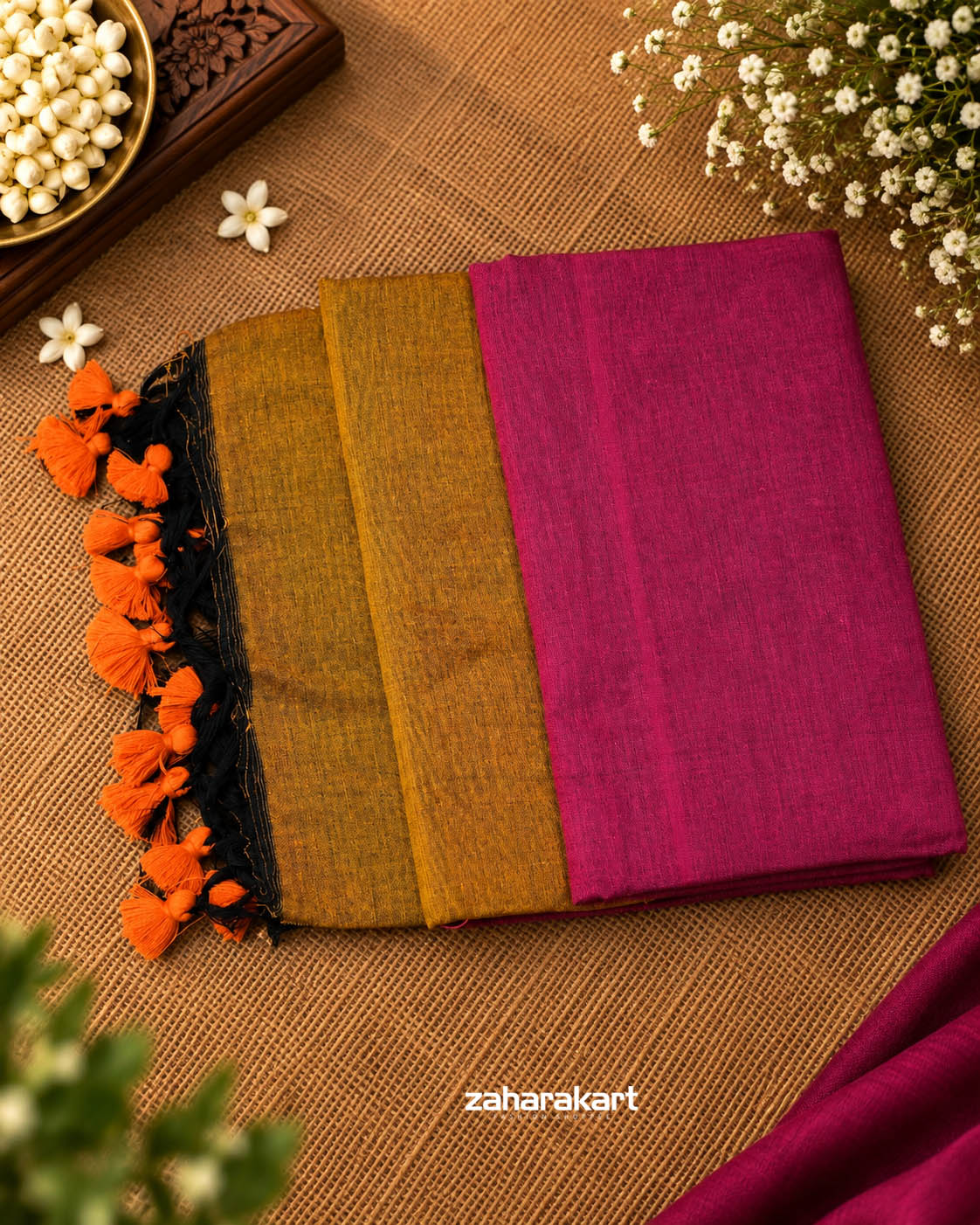 Khadi Cotton Saree - Magenta & Mustard